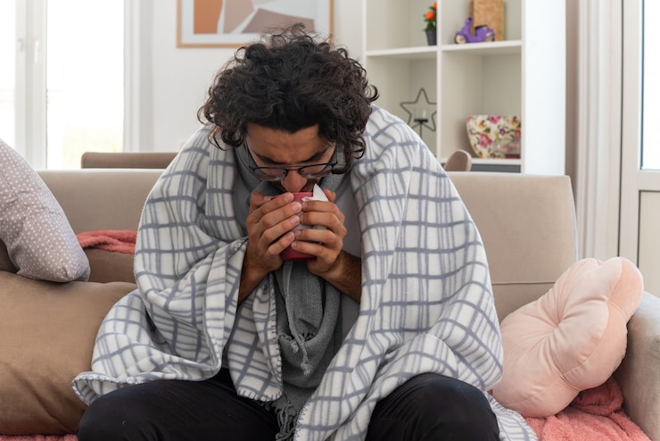 Free Photo sick young caucasian man in optical glasses wrapped in plaid with scarf around his neck holding and looking at cup sitting on couch at living room