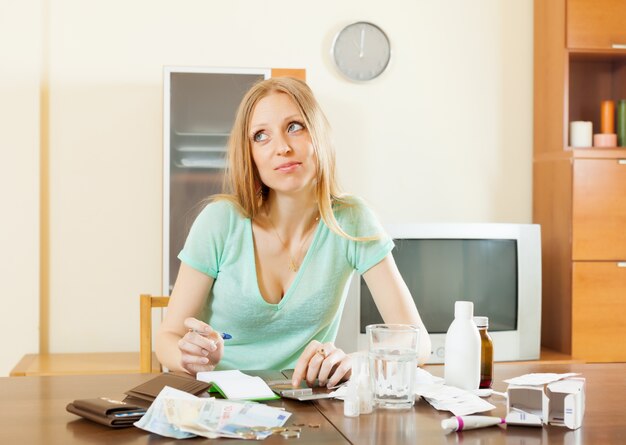 sickness  woman counting the cost of treatment