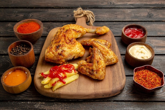 Side close-up view chicken and spices chicken wings and leg french fries and ketchup on the cutting board between bowls of colorful spices and sauces on the dark table