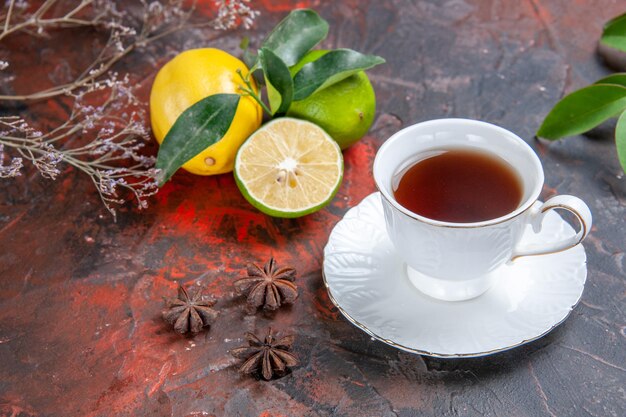 Вид сбоку крупным планом чашка чая чашка чая цитрусовые с листьями звездчатого аниса на столе