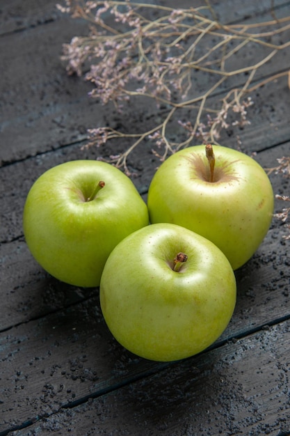 Вид сбоку крупным планом три яблока зеленые яблоки на темном фоне рядом с ветвями