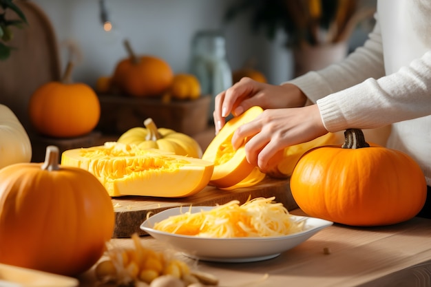 Free photo side view adult holding pumpkin