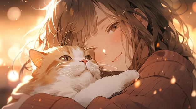 Foto gratuita vista laterale anime ragazza che abbraccia il gatto