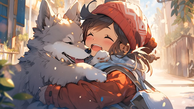サイドビュー アニメ 女の子が犬を抱きしめる