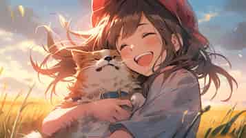 Free photo side view anime girl hugging  dog