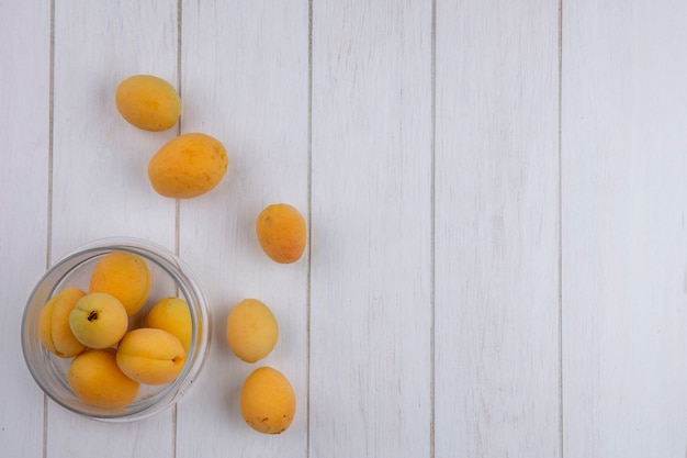 Side view of apricots in a jar on a white surface