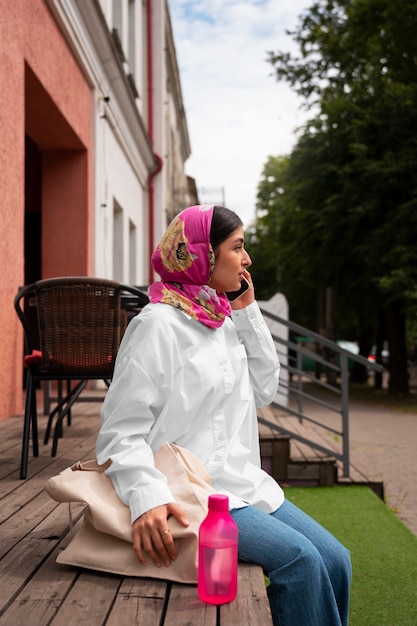 Side view arab woman wearing hijab
