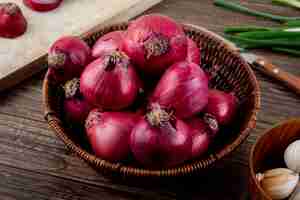 Free photo side view of basket full of red onions on wooden background