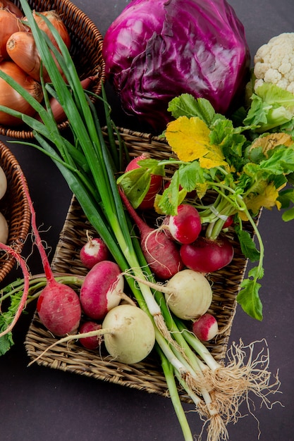 Side view of basket plate of vegetables as radish and scallion with purple cabbage and others on maroon background