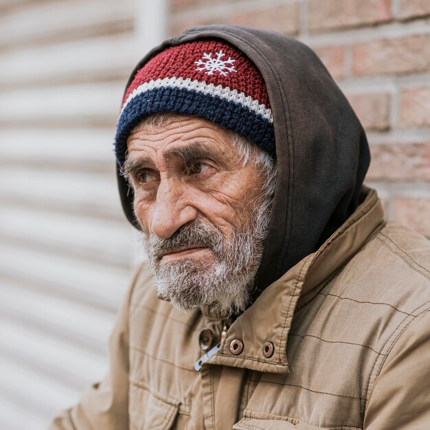 Side view of bearded homeless man