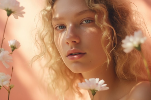 Free photo side view beautiful girl posing with flowers