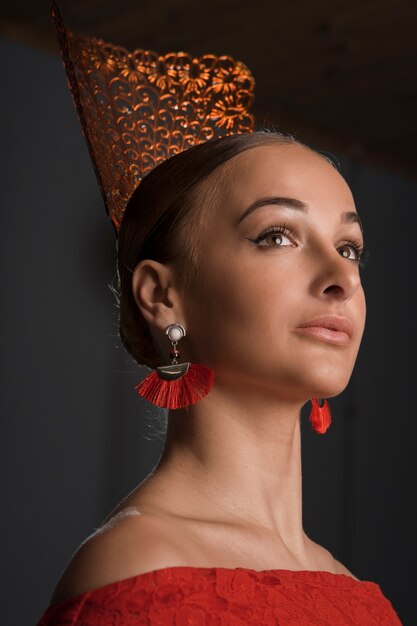 Side view beautiful woman posing in studio