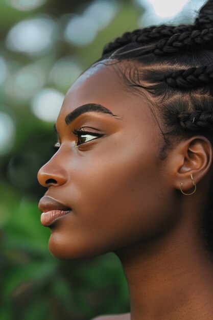 Side view beautiful woman with braids