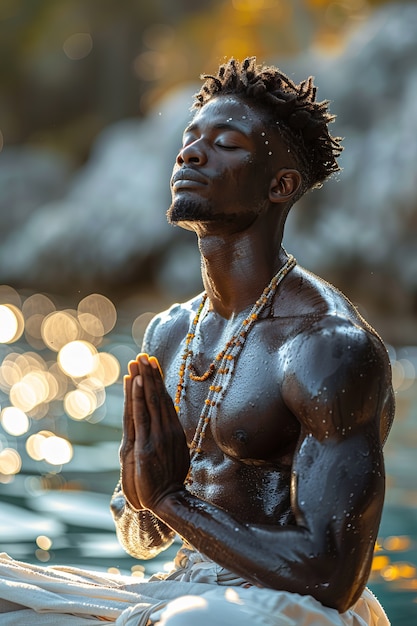 Side view black man practising yoga