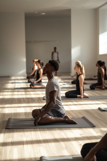 Side view black men practising yoga