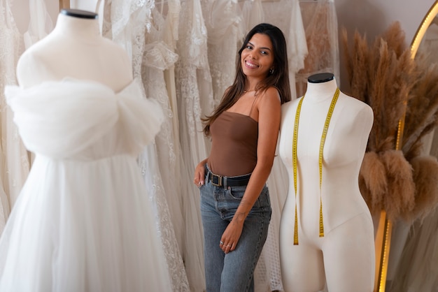 Foto gratuita vista laterale donna brasiliana che lavora come designer di abbigliamento