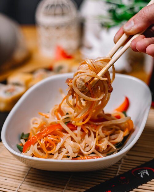 Side view of chicken noodles plate with chopsticks