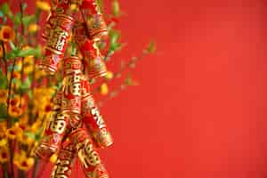 Free photo side view of chinese new year decoration hanging at the red background