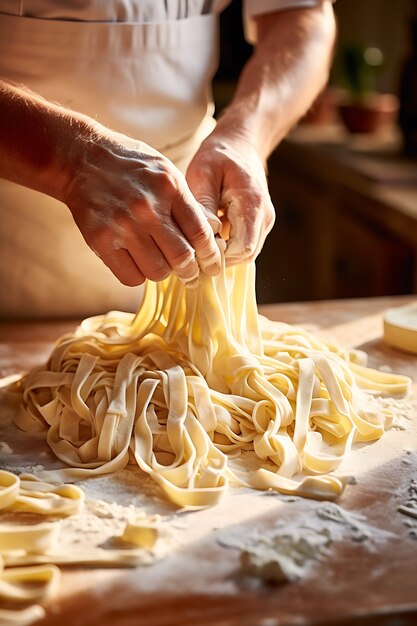 おいしいパスタを作る横から見た料理人