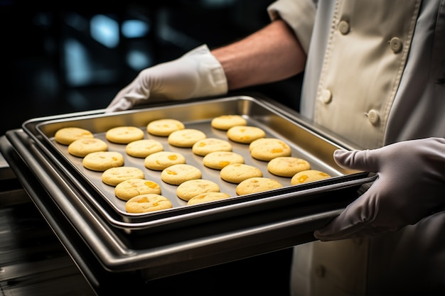 Side view cook with tray of cookies