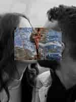 Free photo side view couple kissing collage