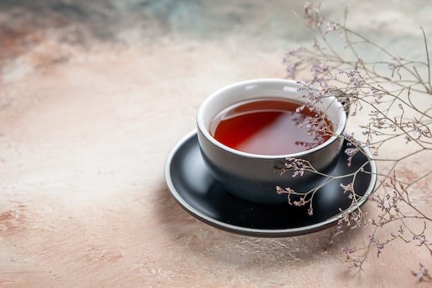 Vista laterale una tazza di tè una tazza di tè sul piattino nero accanto ai rami degli alberi