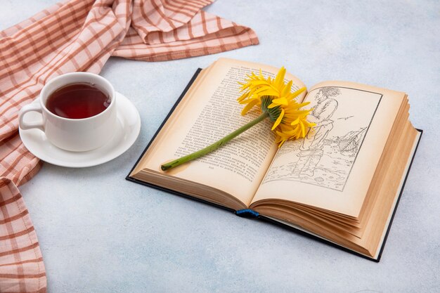 Side view of cup of tea on plaid cloth and flower on open book on white surface