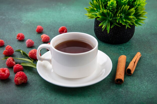 Side view of cup of tea on saucer and cinnamon with raspberries on green surface