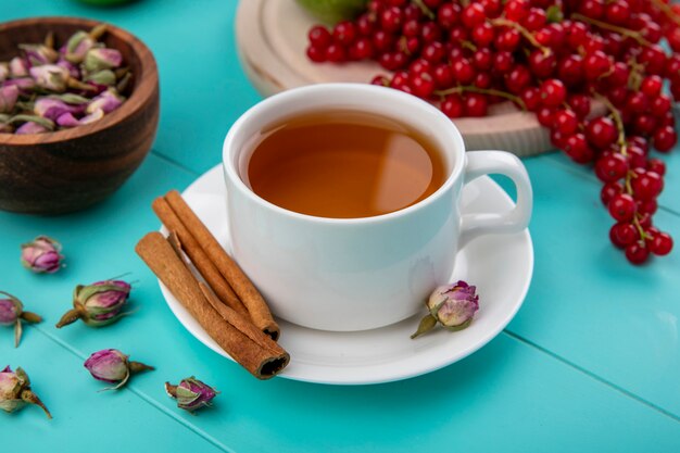 Side view cup of tea with cinnamon and red currants with dry rosebuds on a light blue background