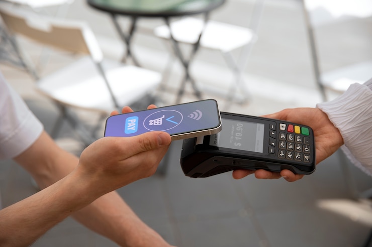Бесплатный Фотография клиент, вид сбоку, платит с помощью устройства nfc
