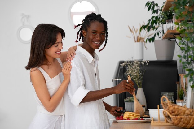 Side view cute couple wearing linen clothing