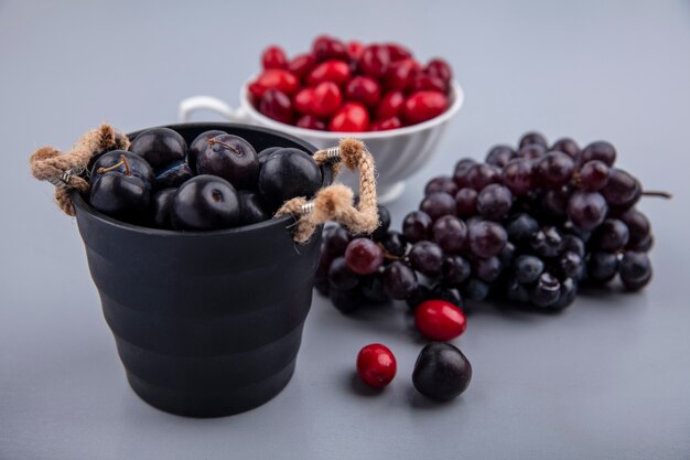 Side view of dark purple blackthorn fruits on a black basket with cornel berries on a cup and grapes isolated on a grey background