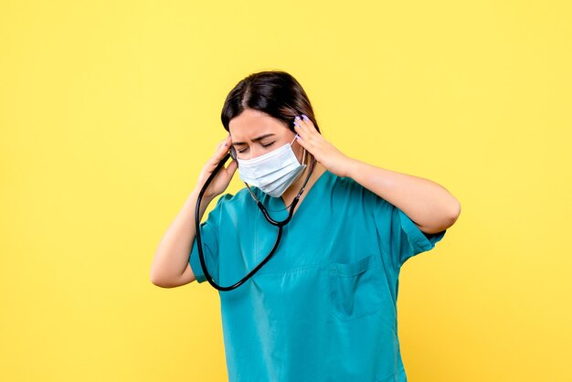 Side view of the doctor encourages people to wear mask