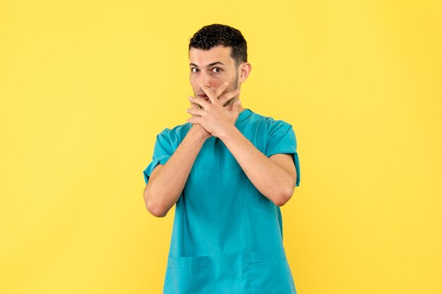 Side view of a doctor encourages people to wear masks