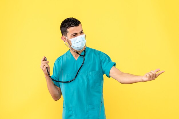 マスクをした医師の側面図医師がコロナウイルスで患者を治療する方法を尋ねる