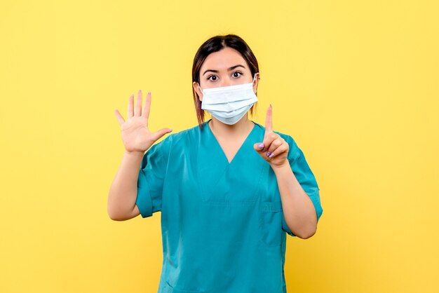Вид сбоку на врача в маске призывает людей мыть руки