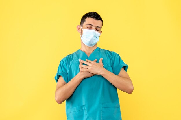 Side view of a doctor in mask is glad