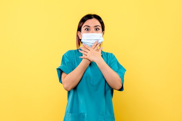 Side view of a doctor in mask knows that she will cure a patient with covid