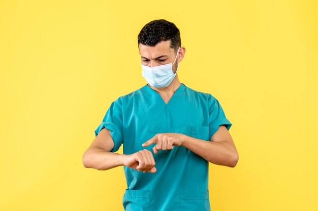 Side view of a doctor in mask points to the right hand