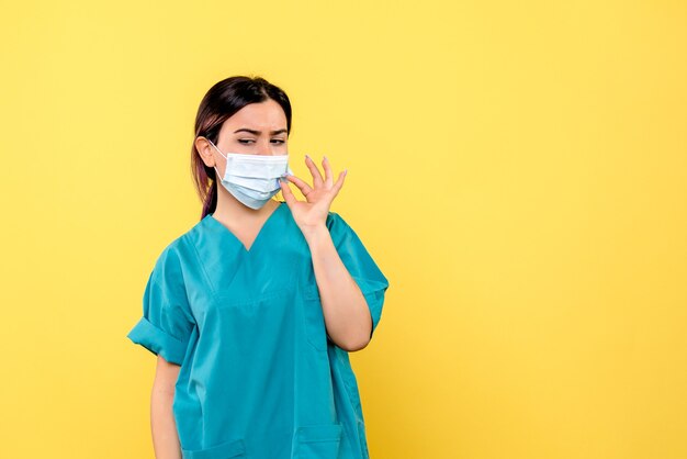 Side view of a doctor in mask talks about wearing mask