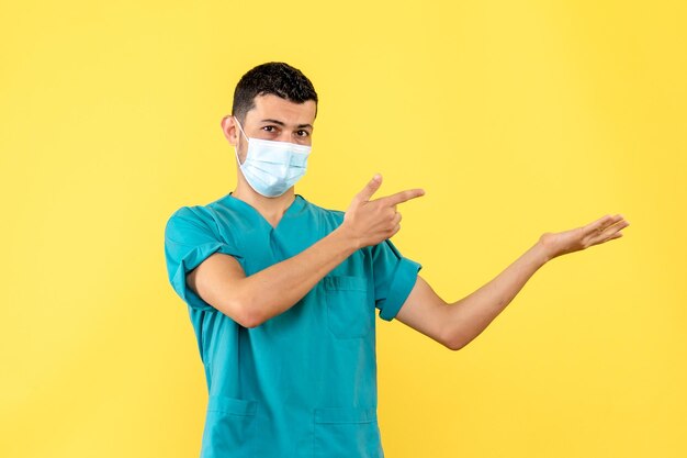 Side view of a doctor in mask urges people to wash hands