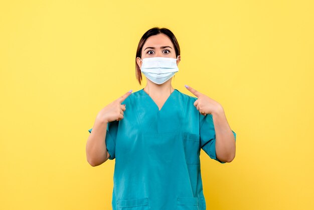 Side view of a doctor in medical uniform points to the mask