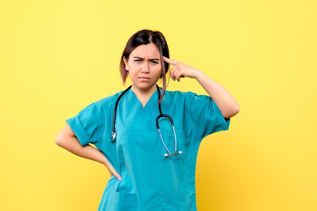 Side view of the doctor points to her head