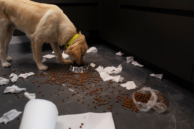 Free photo side view dog making mess indoors