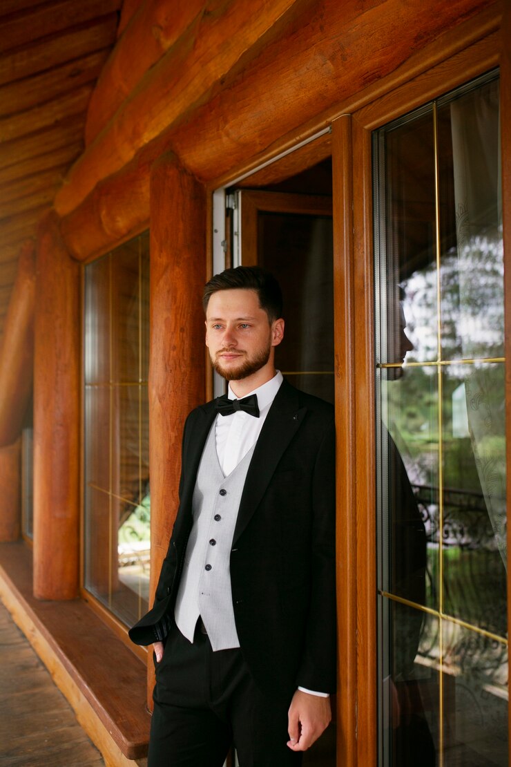 Free Photo side view elegant groom posing