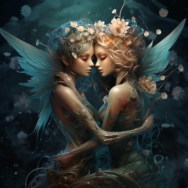 Side view fairies hugging fantasy world