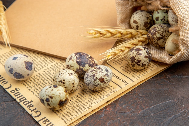 Free photo side view of farm fresh eggs from fallen a white tissue bag and wooden pots on an old newspaper next to notebook on a brown background