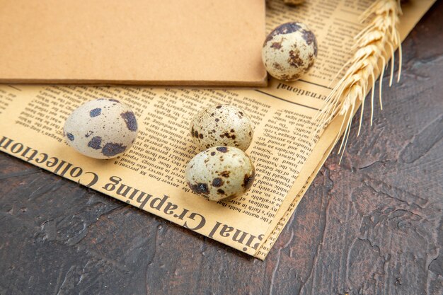 Side view of farm fresh eggs on an old newspaper next to notebook on a brown background