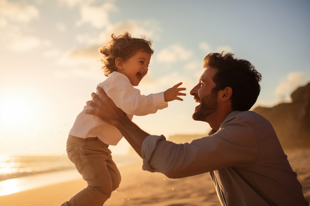 Side view father holding kid