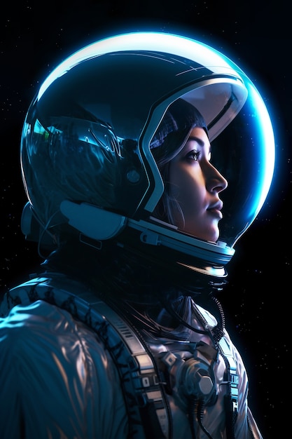 Женщина-космонавт в скафандре, вид сбоку